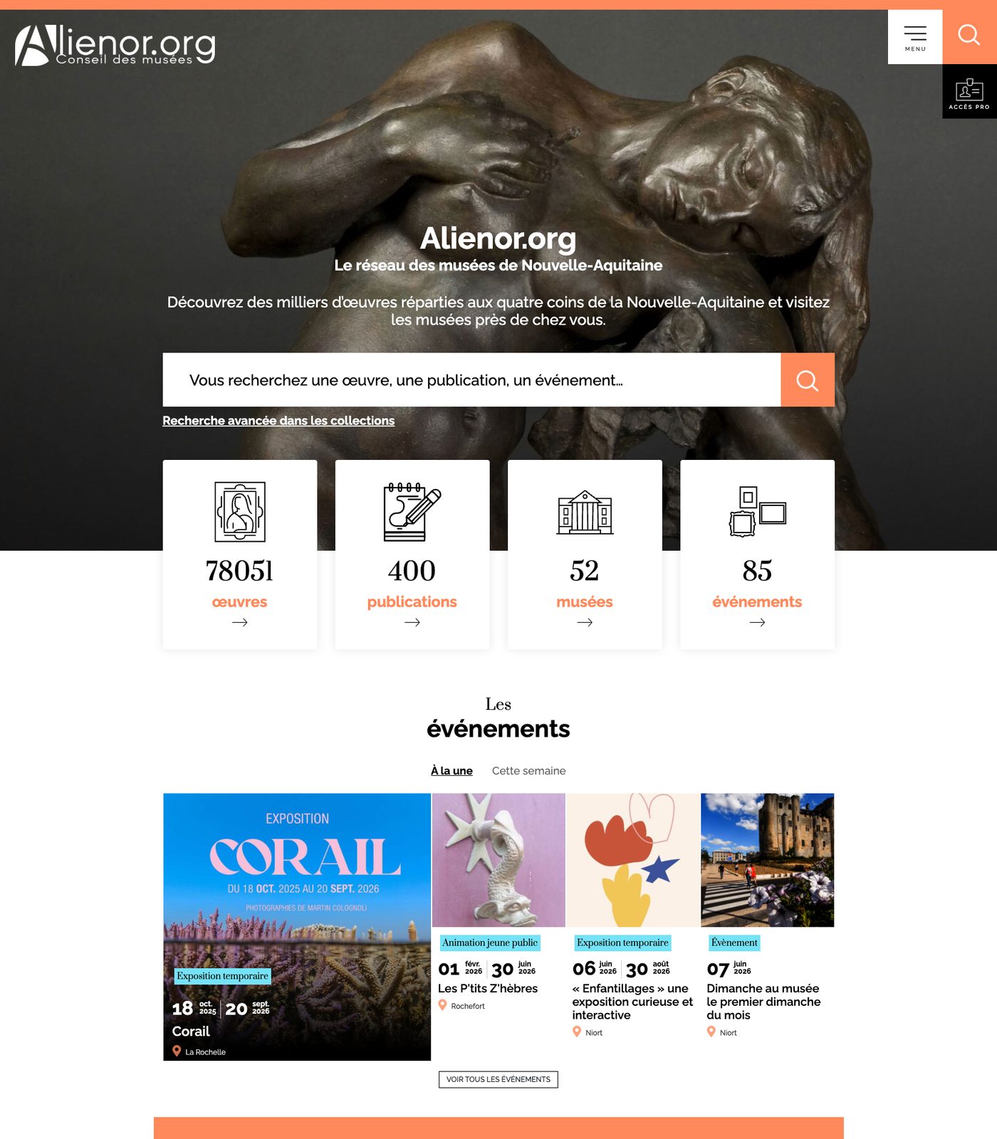 Page d'accueil d'Alienor.org avec recherche unifi&eacute;e sur les &oelig;uvres, publications, mus&eacute;es et &eacute;v&eacute;nements