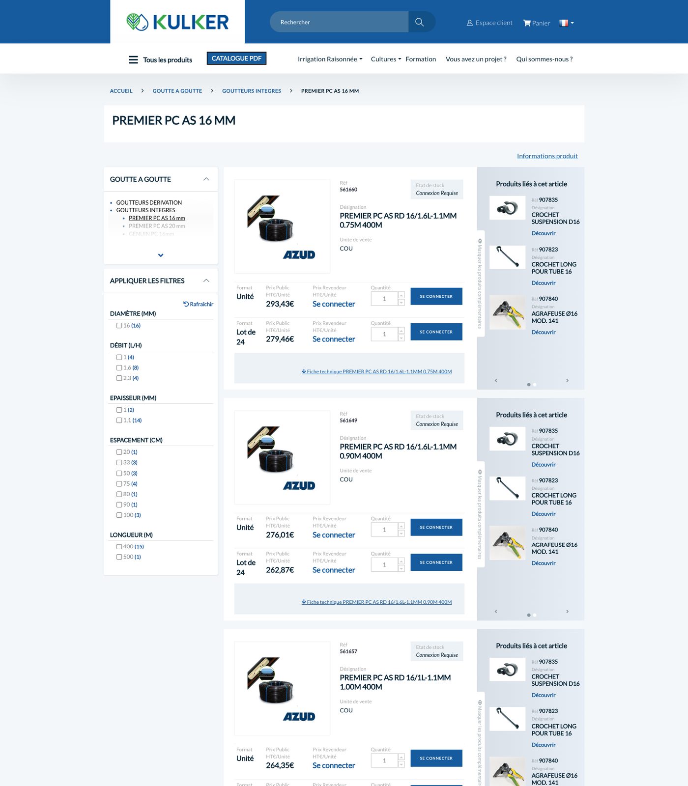Liste de produits B2B avec filtres &agrave; facettes et tarifs revendeurs