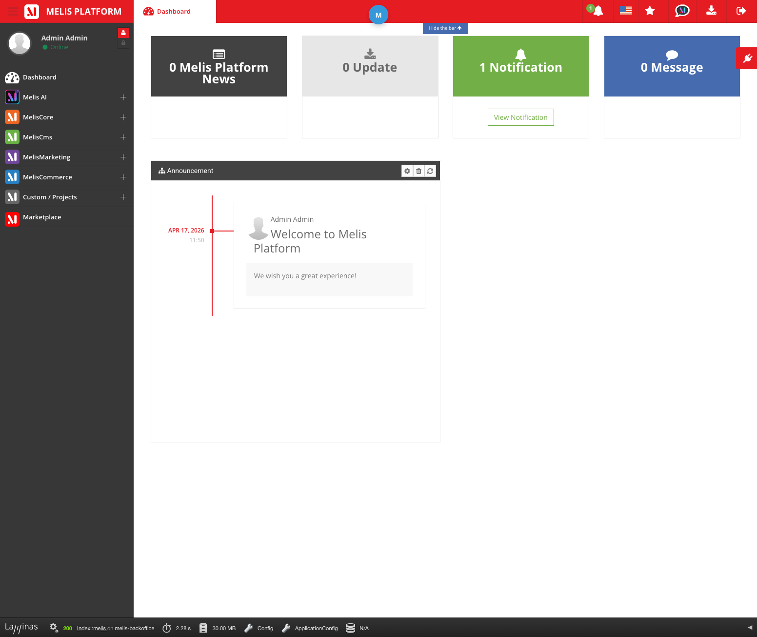 Le back-office de Melis Platform avec sa barre latérale de modules