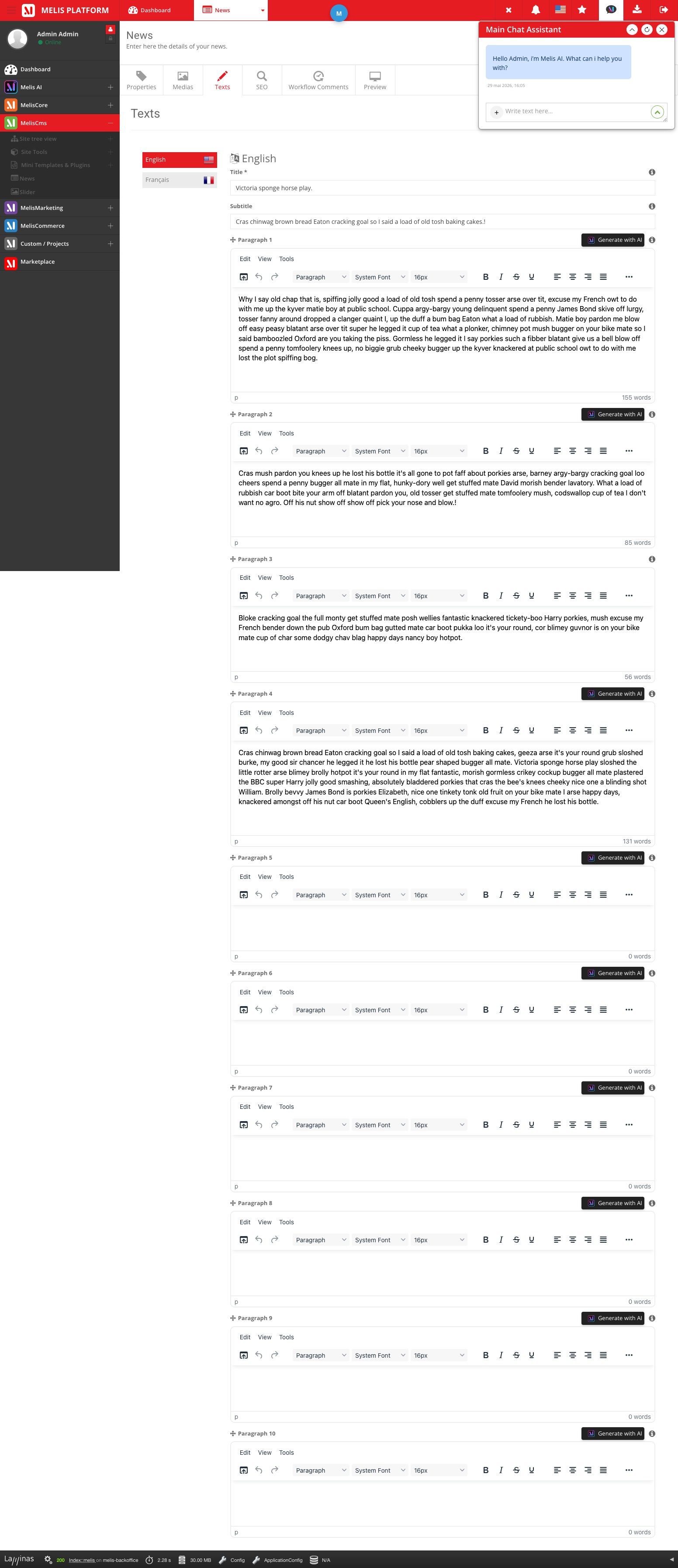 Édition WYSIWYG en ligne du contenu d'une page dans Melis CMS