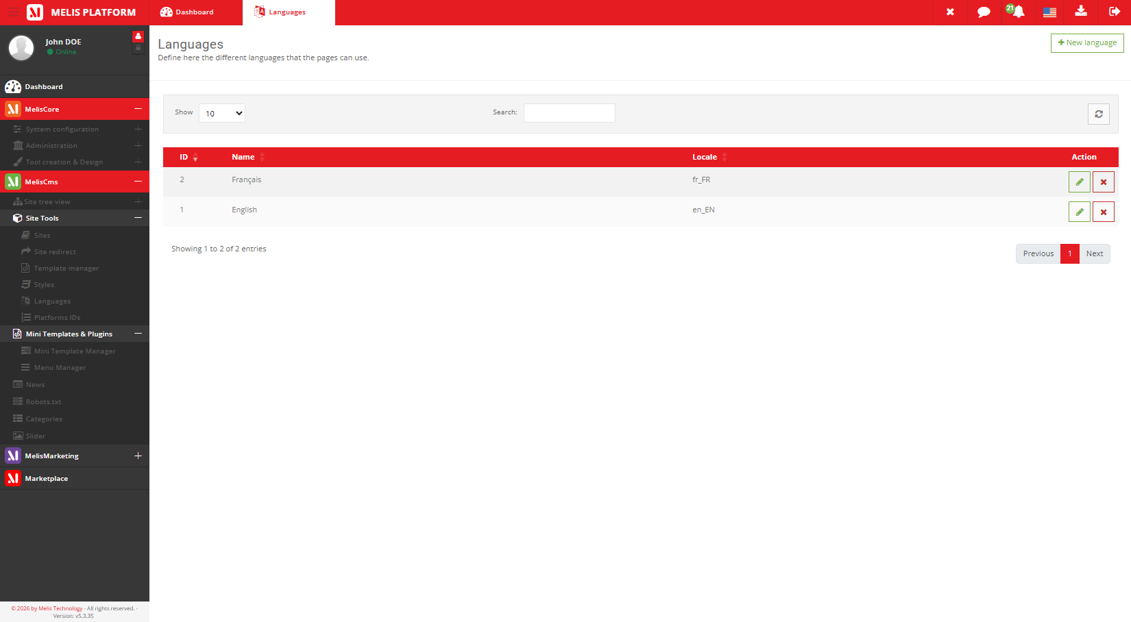 L'outil Langues affichant les langues de la plateforme