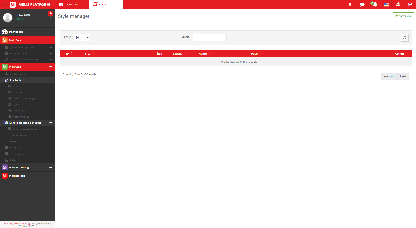 Le gestionnaire de styles listant les feuilles CSS
