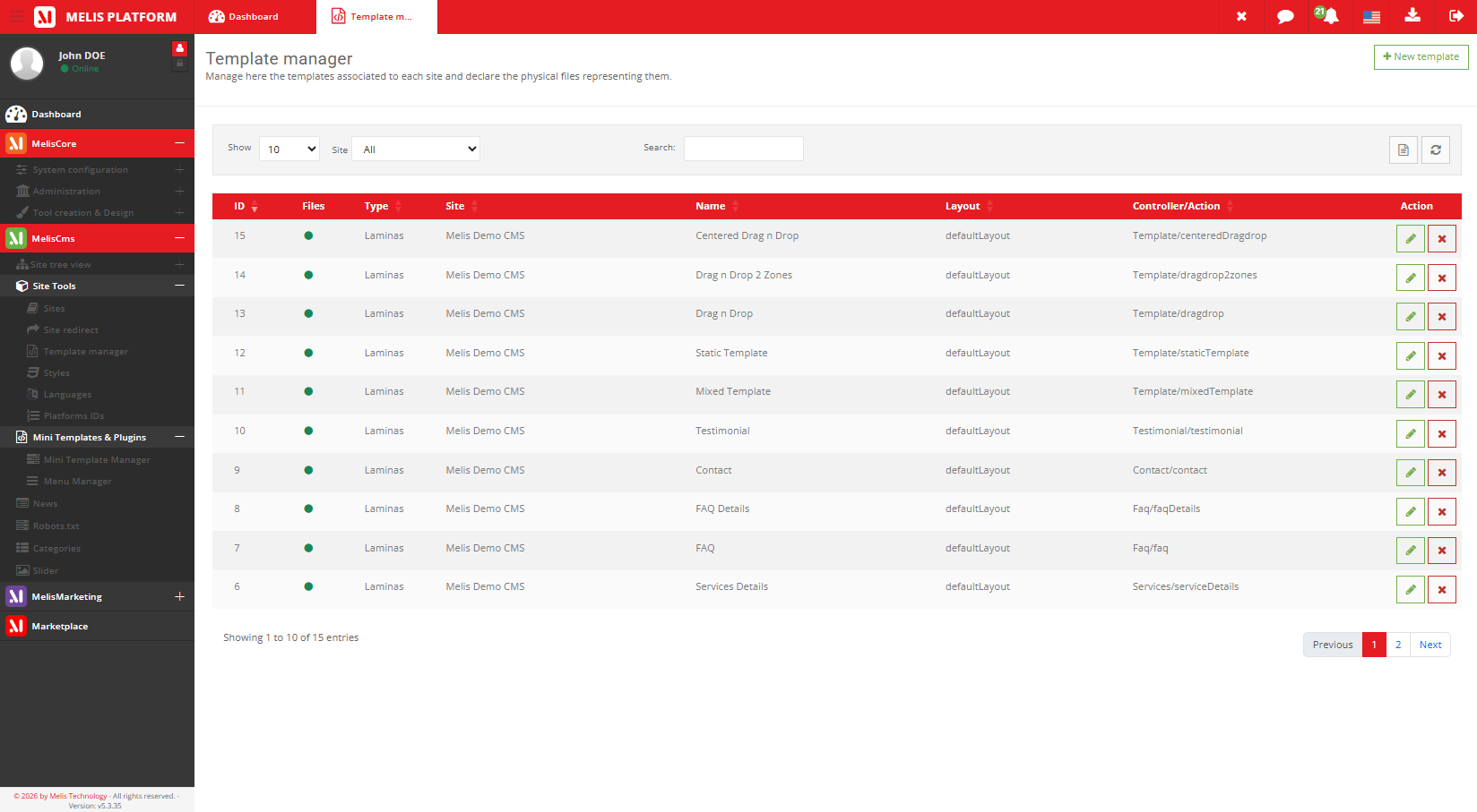 Le gestionnaire de gabarits listant les mises en page disponibles