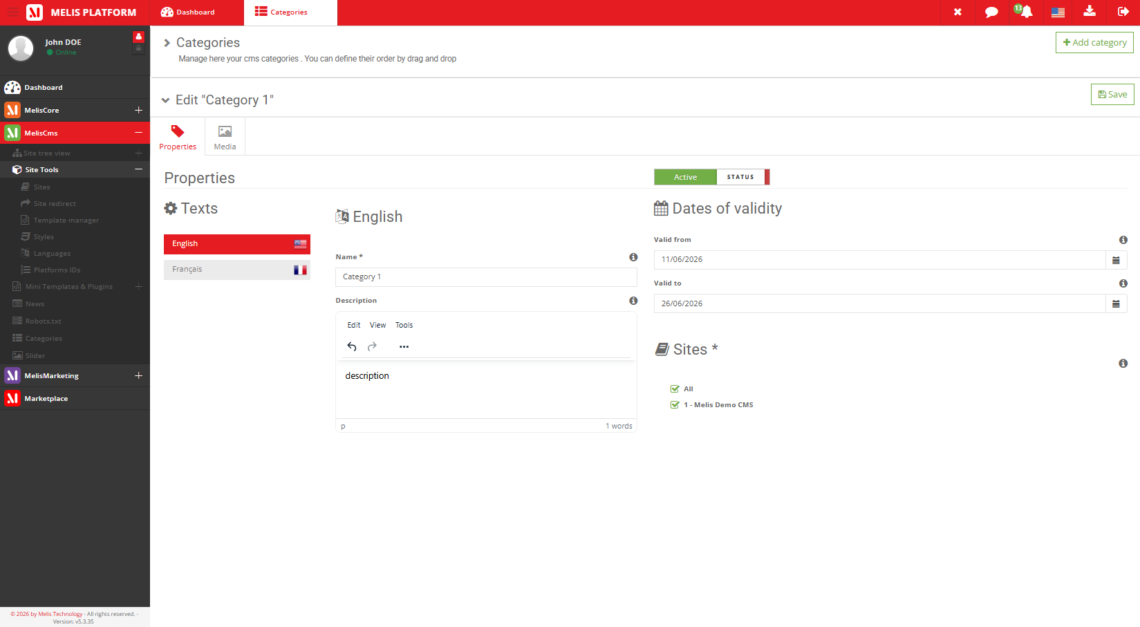 Modification d'une catégorie — nom/description par langue, statut, validité, sites