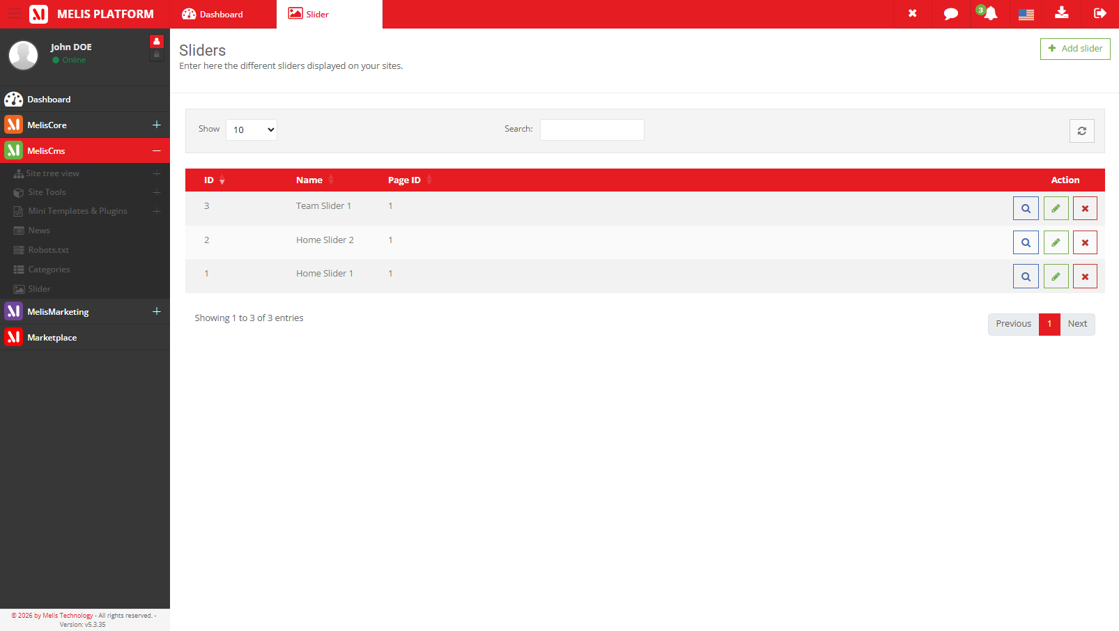 Le gestionnaire de sliders listant tous les sliders
