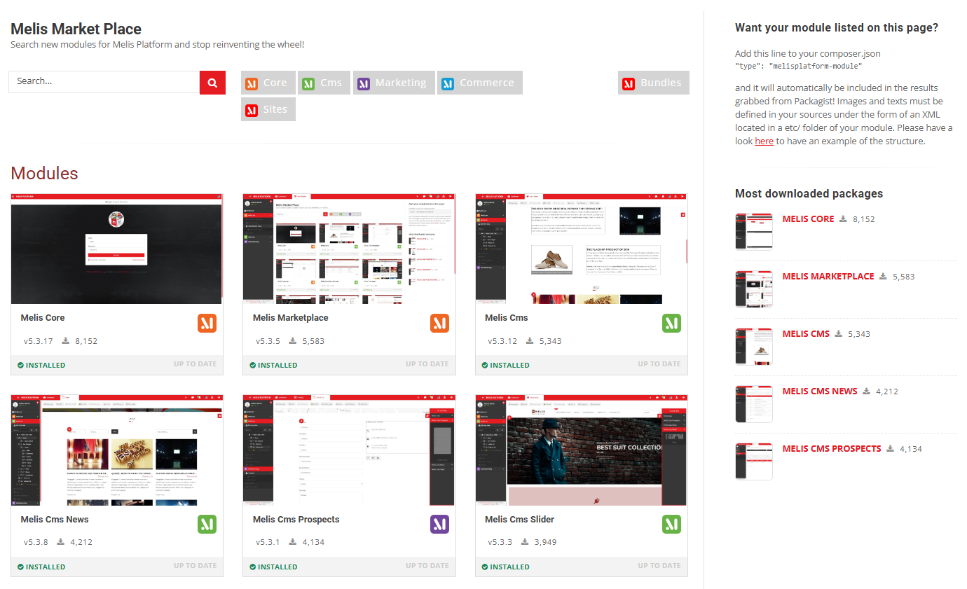 La Marketplace — une grille de cartes de modules avec versions et boutons d'installation