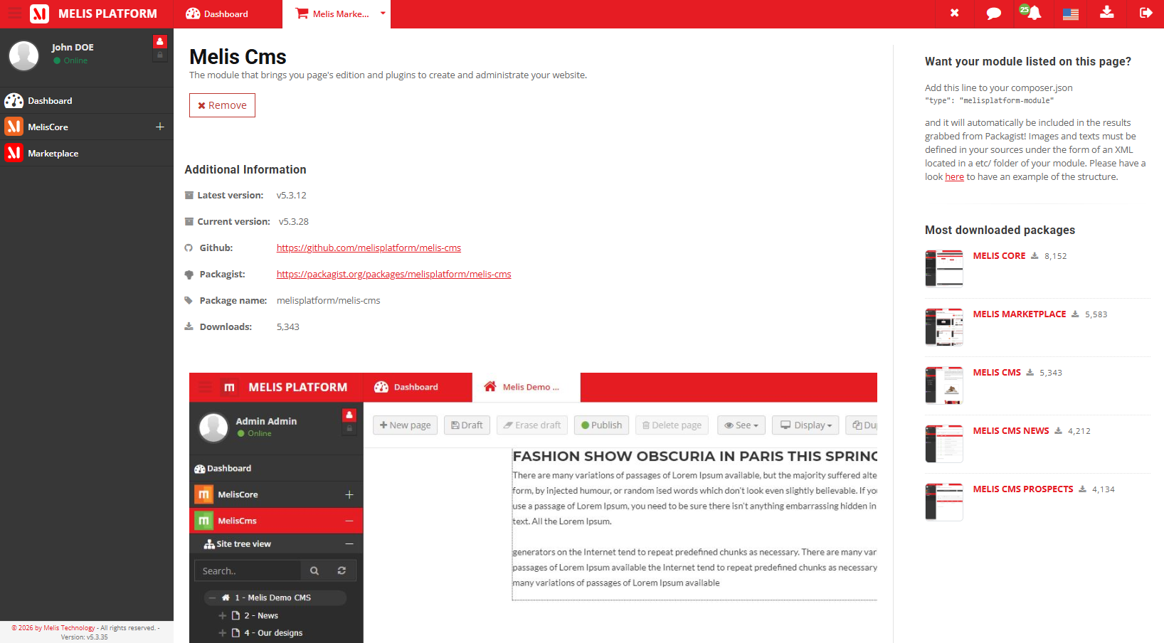La vue produit d'un module — version, page d'accueil, nom de paquet