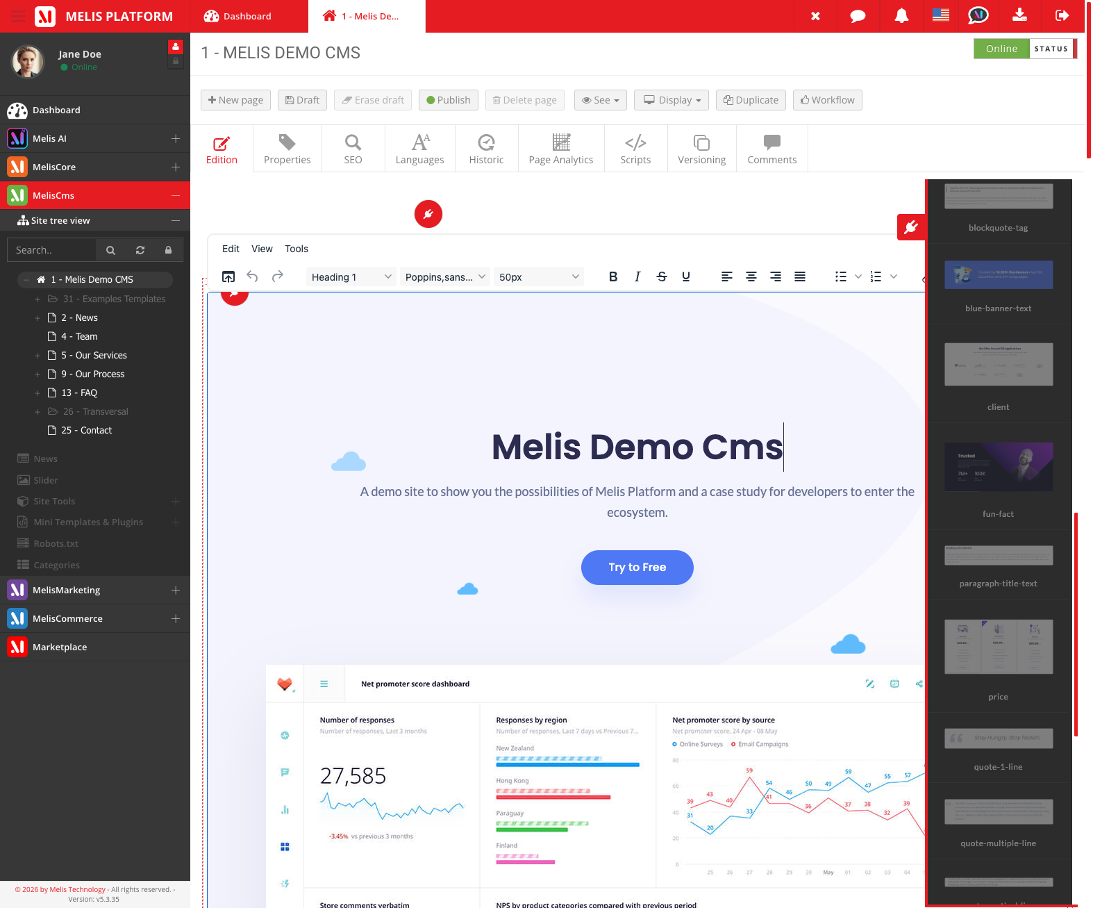 Éditeur de page Melis CMS : arborescence du site, onglets d'édition, aperçu en direct et panneau des mini-templates